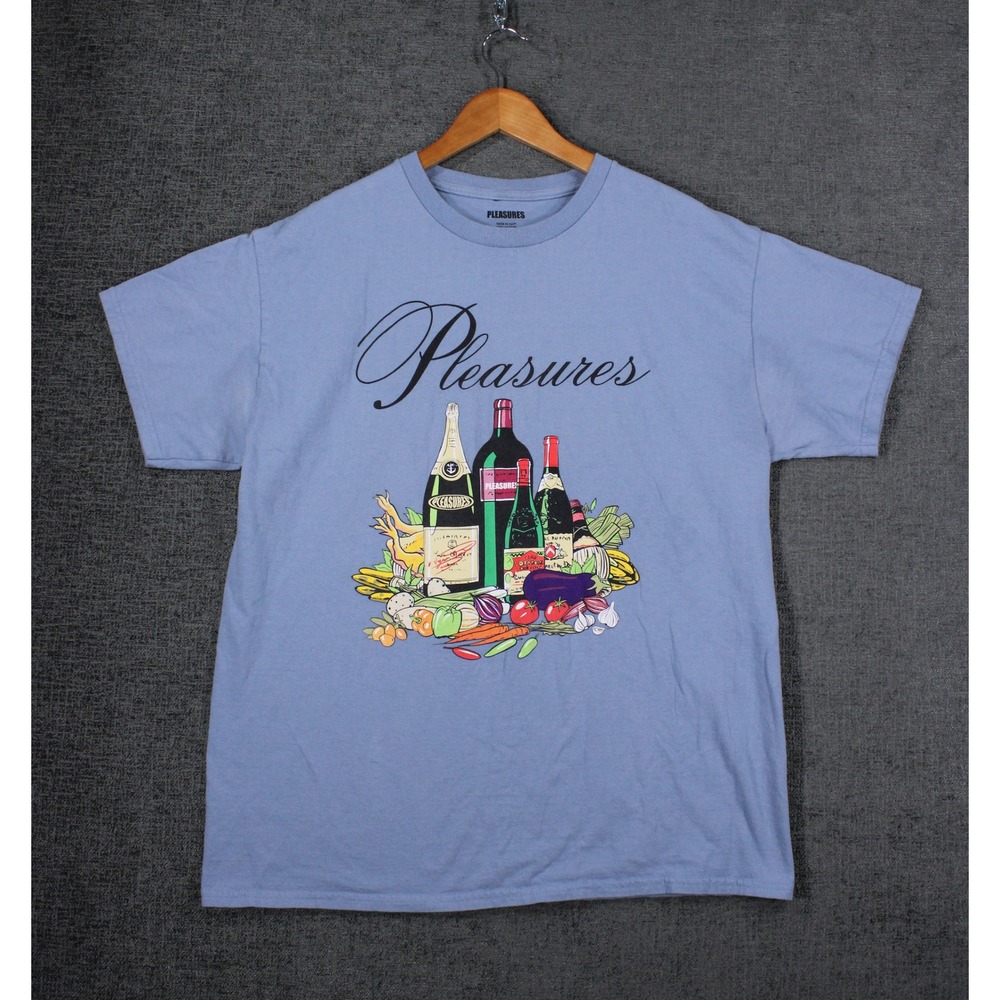Pleasures Mens Graphic T-Shirt Blue Wine Bottles Vegetables Cotton Large